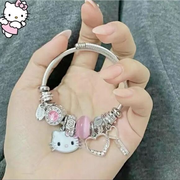 Hello Kitty Charm Pendant Silver & Pink Tone Bangle Bracelet - Picture 3 of 5